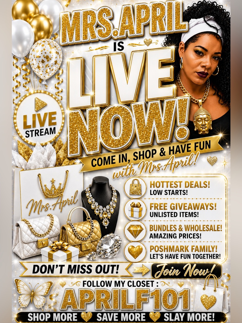 Live Now! Gold & White Party Supplies Promotional Poster